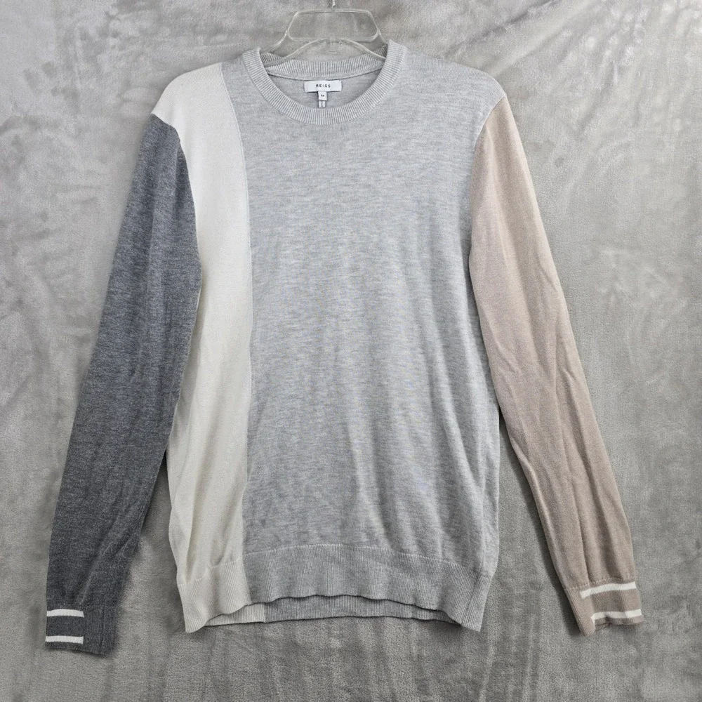 REISS Mens Colorblock Crewneck‎ Sweater Long Sleeve Knit Size Medium preppy wool